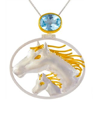 Sterling Silver Horse Pendant with Blue Topaz