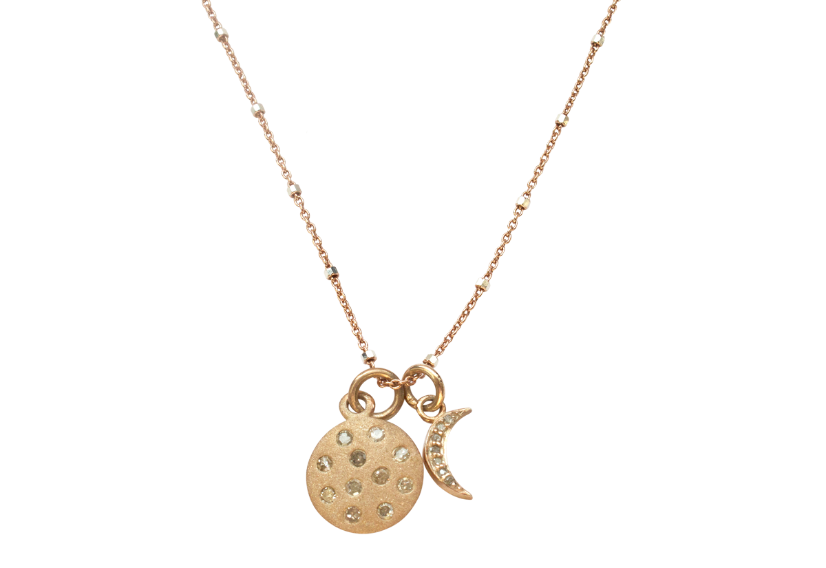 Diamond moon and sun pendant in Rose Gold