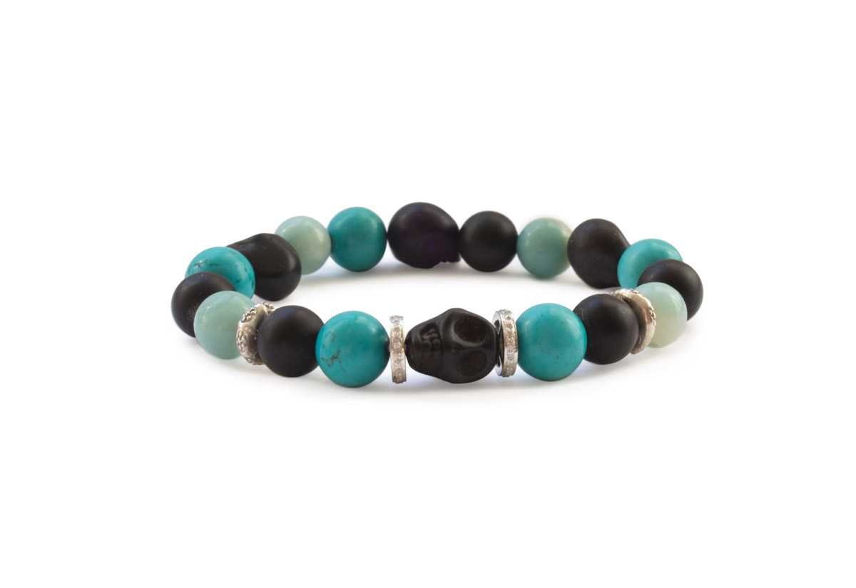 Turquoise, Onyx, sterling and skull bracelet