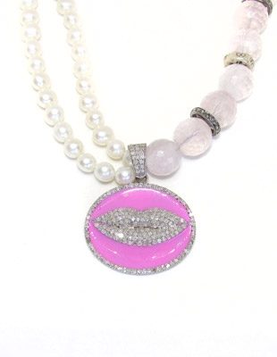 Pink Quartz and Lips Diamond Necklace