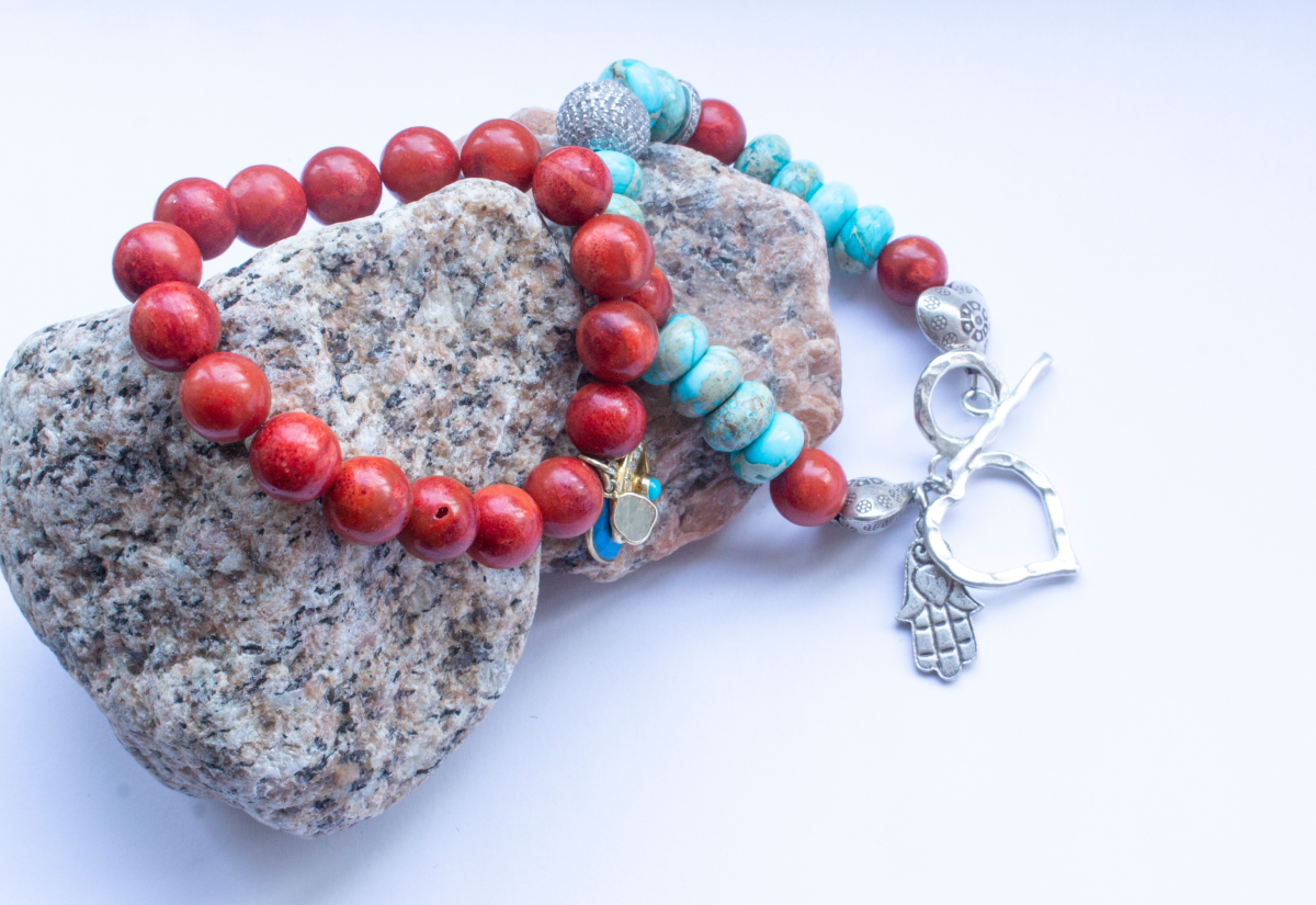 Coral Turquoise and Diamond Bracelet