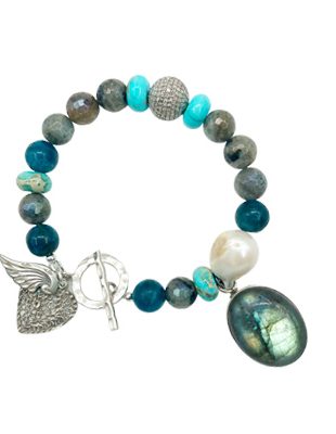 Vintage Labradorite, diamond, pearl and silver bracelet