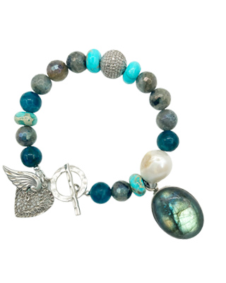 Vintage Labradorite, diamond, pearl and silver bracelet