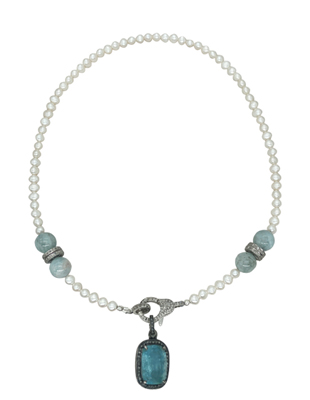 Pearl, Aquamarine, and Diamond Necklace, $825