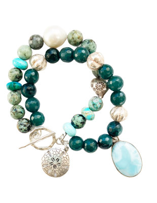 Jade, gemstone and pearl boho bracelet