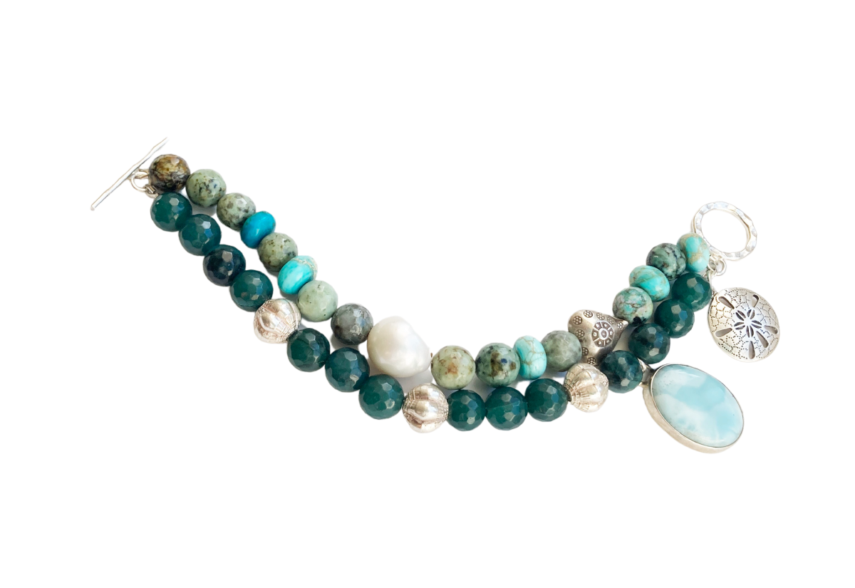 Jade, pearl and Gemstone Vintage stack bracelet gifted Unique