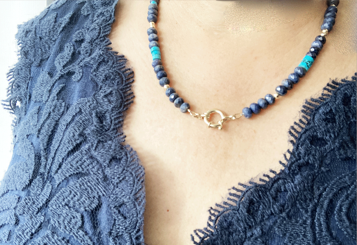 Sapphires,-turquoise,-14K-Gold-Necklace-Gifted-Unique