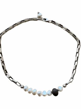 Pearl and Black River Stone Necklace